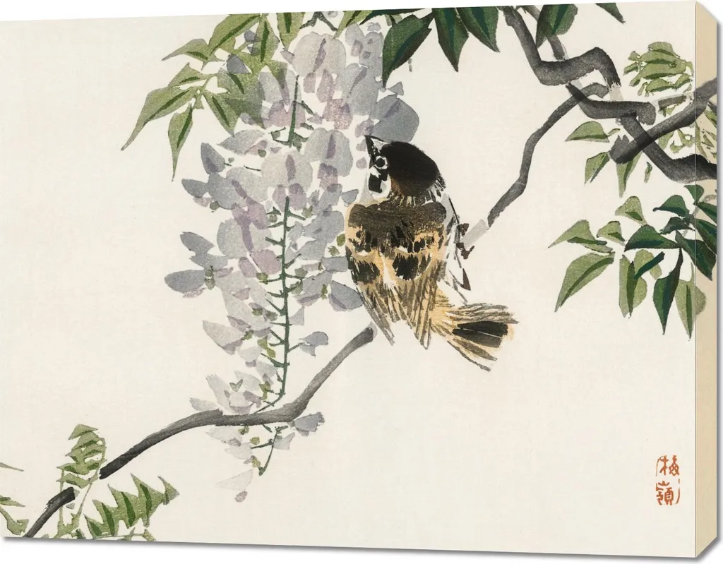 Tableau 90x70 cm Moineau sur une branche par Kōno Bairei vintage japonais