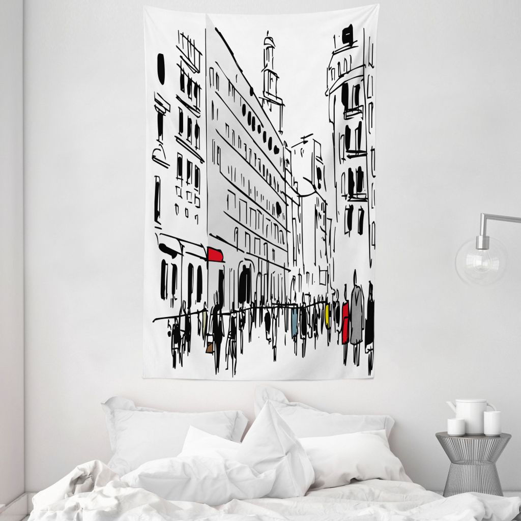 ABAKUHAUS Städtisch Wandteppich und Tagesdecke, Ink Ansicht Street View aus Weiches Mikrofaser Stoff Waschbar ohne Verblassen Digitaldruck, 140 x ...