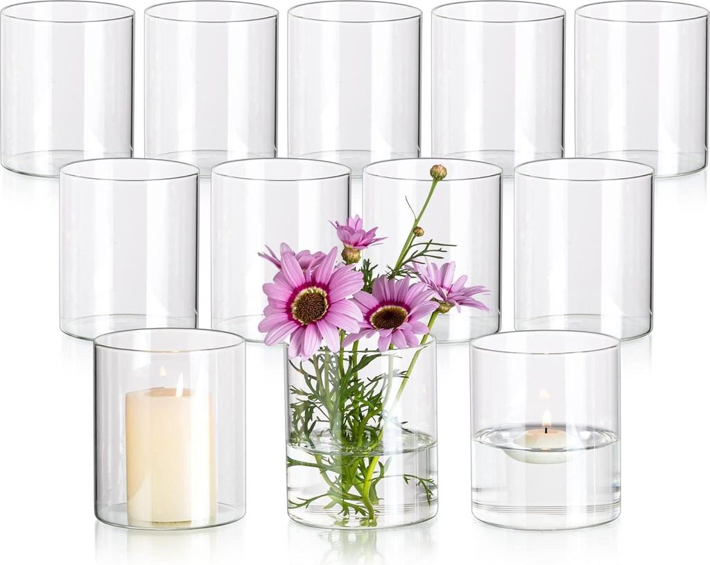 Kleine Glazen Vaas - Klare Zylinder Vasen Für Blumen - 10 X 8,5 Cm Bud Vasen Set Von 12 - Moderne Blumenvasen Für Dekoration - Dekorative Hurrica...