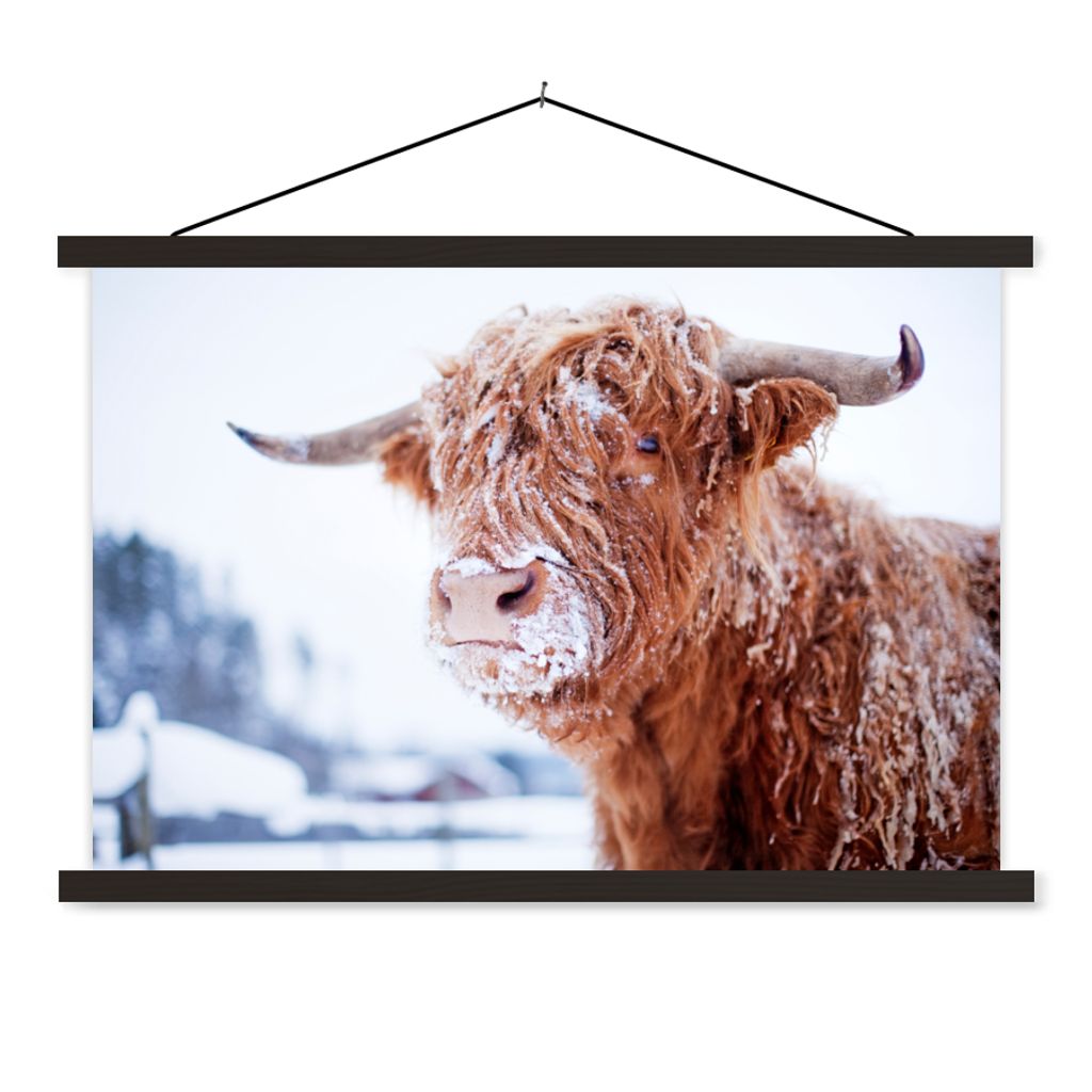 MuchoWow Textilposter Schottischer Highlander - Schnee - Braun 150x100 cm mit schwarzem Rahmen - Schlafzimmer