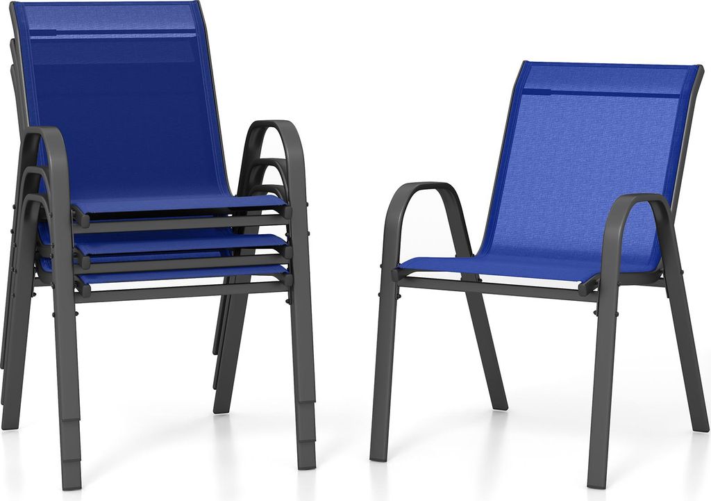 Gartenstühle Stapelbar 4er Set, Stapelstühle aus Textilene & Metall, Gartenstuhl Hochlehner mit Armlehnen, 56x70x84 cm (Marineblau, 4 Stück)
