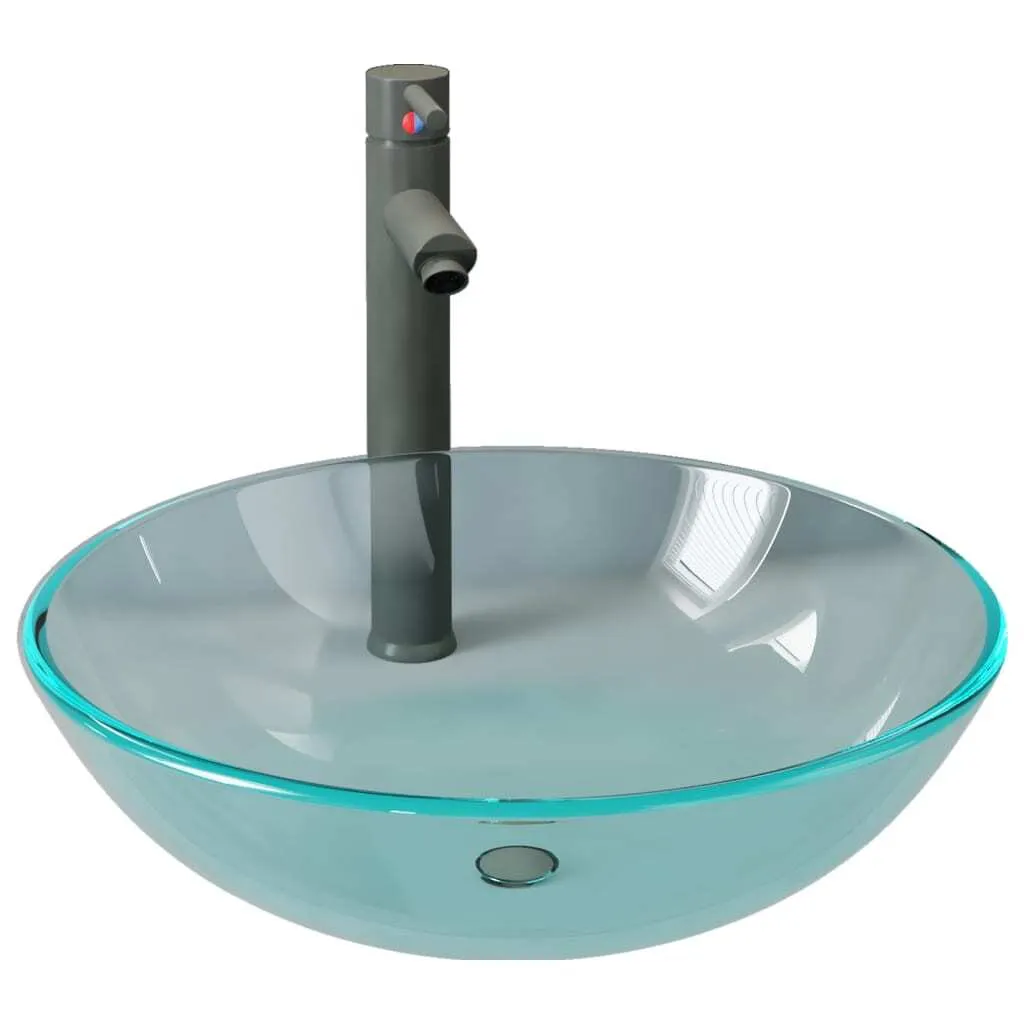Set Lavabo in Vetro Temperato Trasparente con Rubinetto e Piletta - 1