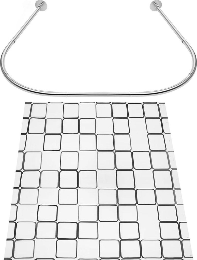 Duschvorhangstange & Vorhang - U-förmige Eckstange - Bohrfrei - Edelstahl - Polyestervorhang 240x180 cm - Verstellbare Enden 0,9–1,3 m - Weiß