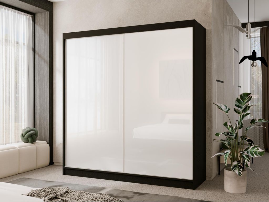 Eleganter Kleiderschrank mit Glasfronten Mira 200 cm, 2-türiger schwarzer Schwebetürenschrank fürs Schlafzimmer, Kleiderschrank mit Einlegeböde...