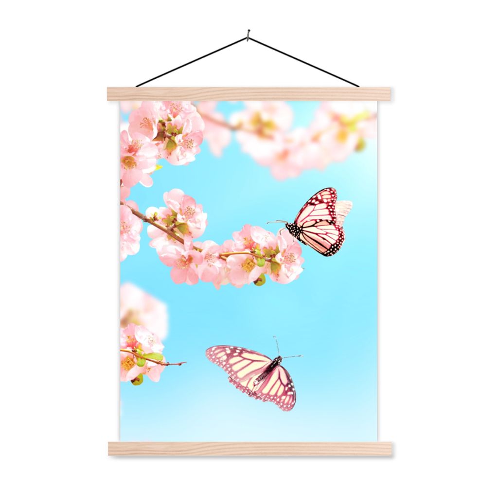 MuchoWow Textilposter Schmetterlinge - Baum - Blumen 60x80 cm mit holzfarbenen Rahmen - Wandbild