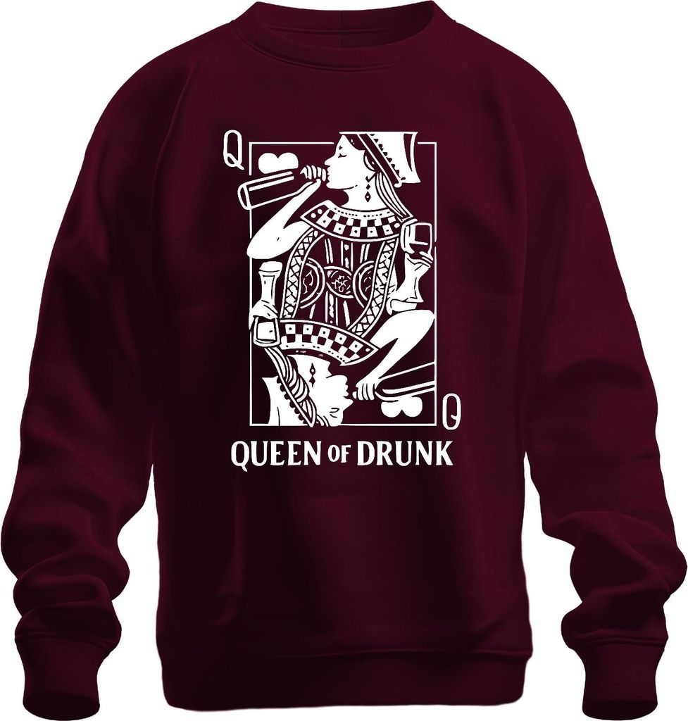 Queen of Drunk Saufkönigin Weinliebhaberin Spielkarte Cocktail Uni Sweatshirt Pullover, Burgundy, XXL