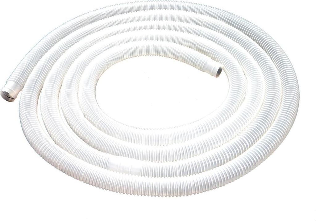 A coiled white flexible hose on a white background.