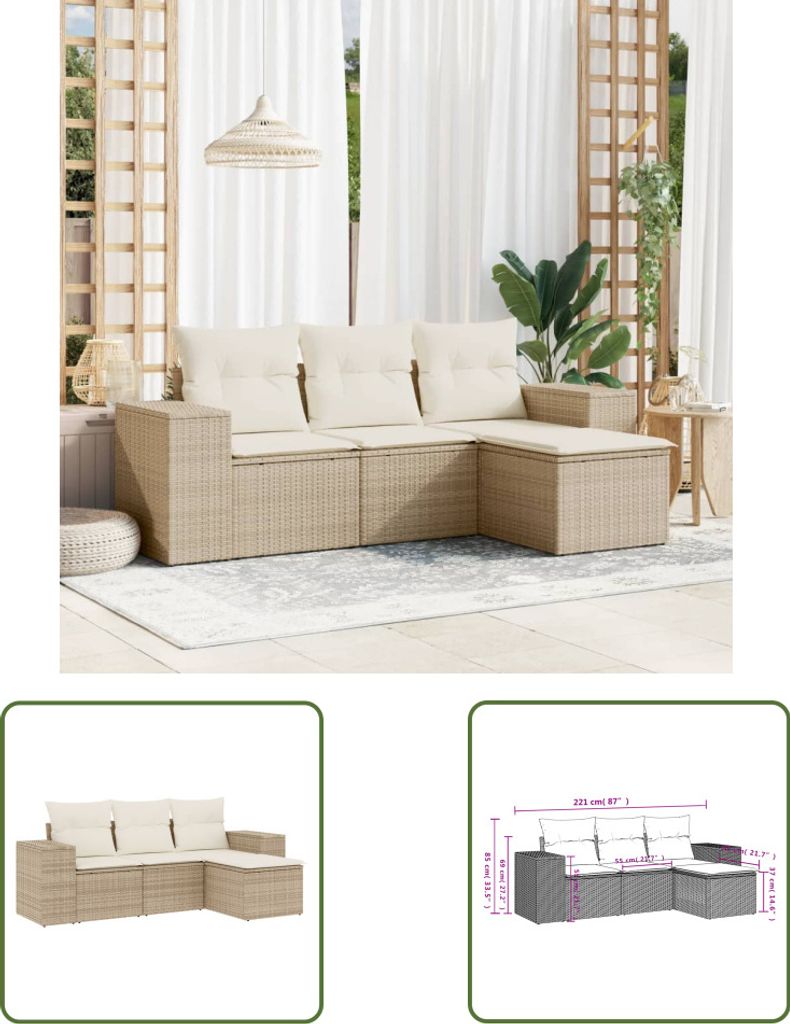 The Living Store 4-tlg. Garten-Sofagarnitur mit Kissen Beige Poly Rattan