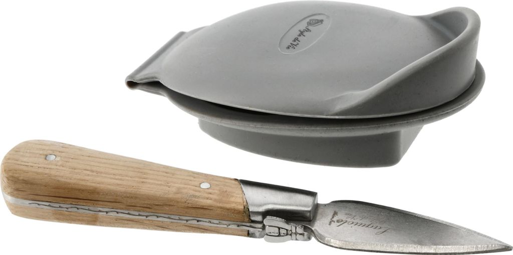A gray oyster knife and its sheath are displayed against a white background.