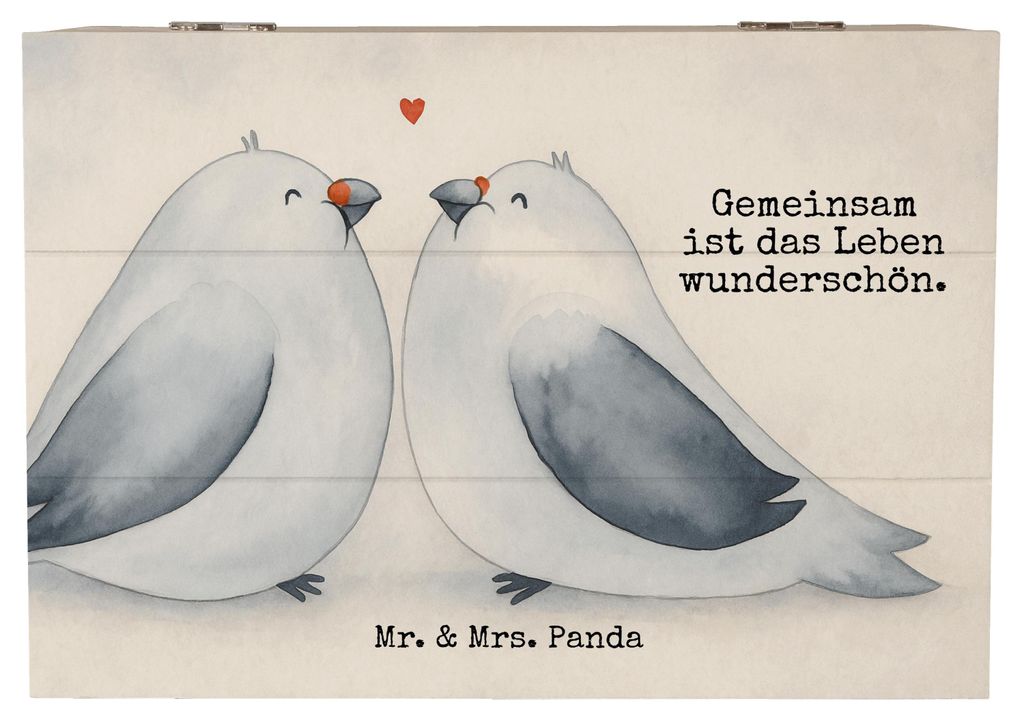 Mr. & Mrs. Panda Holzkiste Tauben Liebe Design 22 x 15 cm - Weiß - Geschenk, fotobox, Schatulle, Paar, Box, Paargeschenk, erinnerungsbox holz, Hoc...