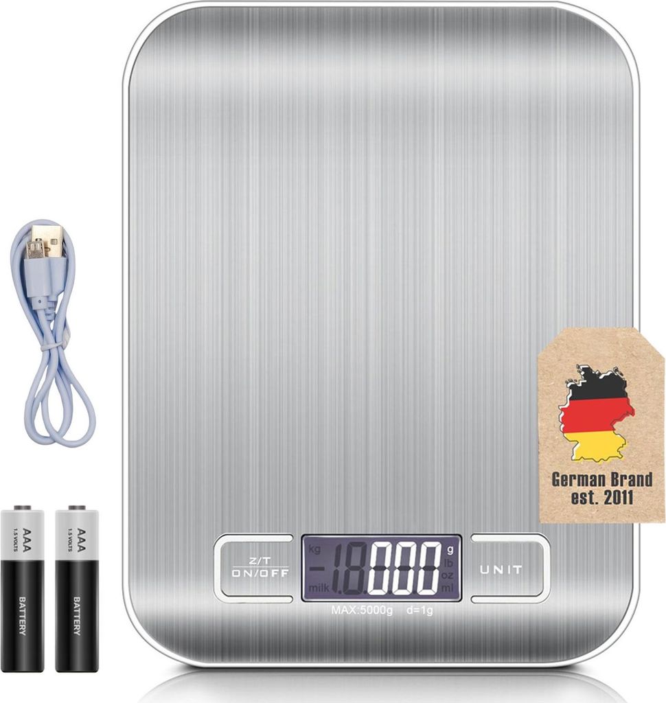 Intirilife Digitale Küchenwaage in SILBER – 5kg Elektronische Waage für die Küche mit Tara Funktion – Wasserdichte Extrem Präzise Küchen-D...