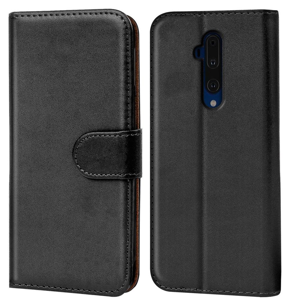 A black flip case for a smartphone is shown from two angles, front and back.