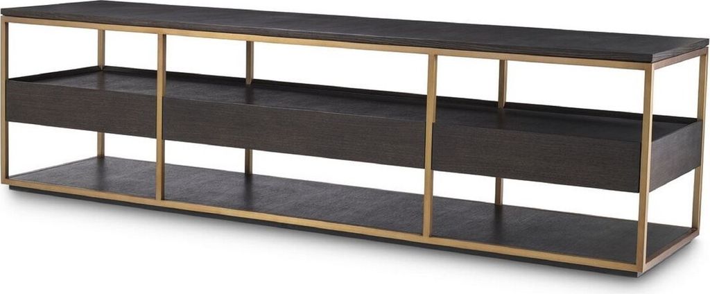 Casa Padrino Luxus TV Schrank Mokka / Messing 220 x 55 x H. 61 cm - Massivholz Sideboard mit 3 Schubladen - Wohnzimmer Möbel - Hotel Möbel - Luxu...