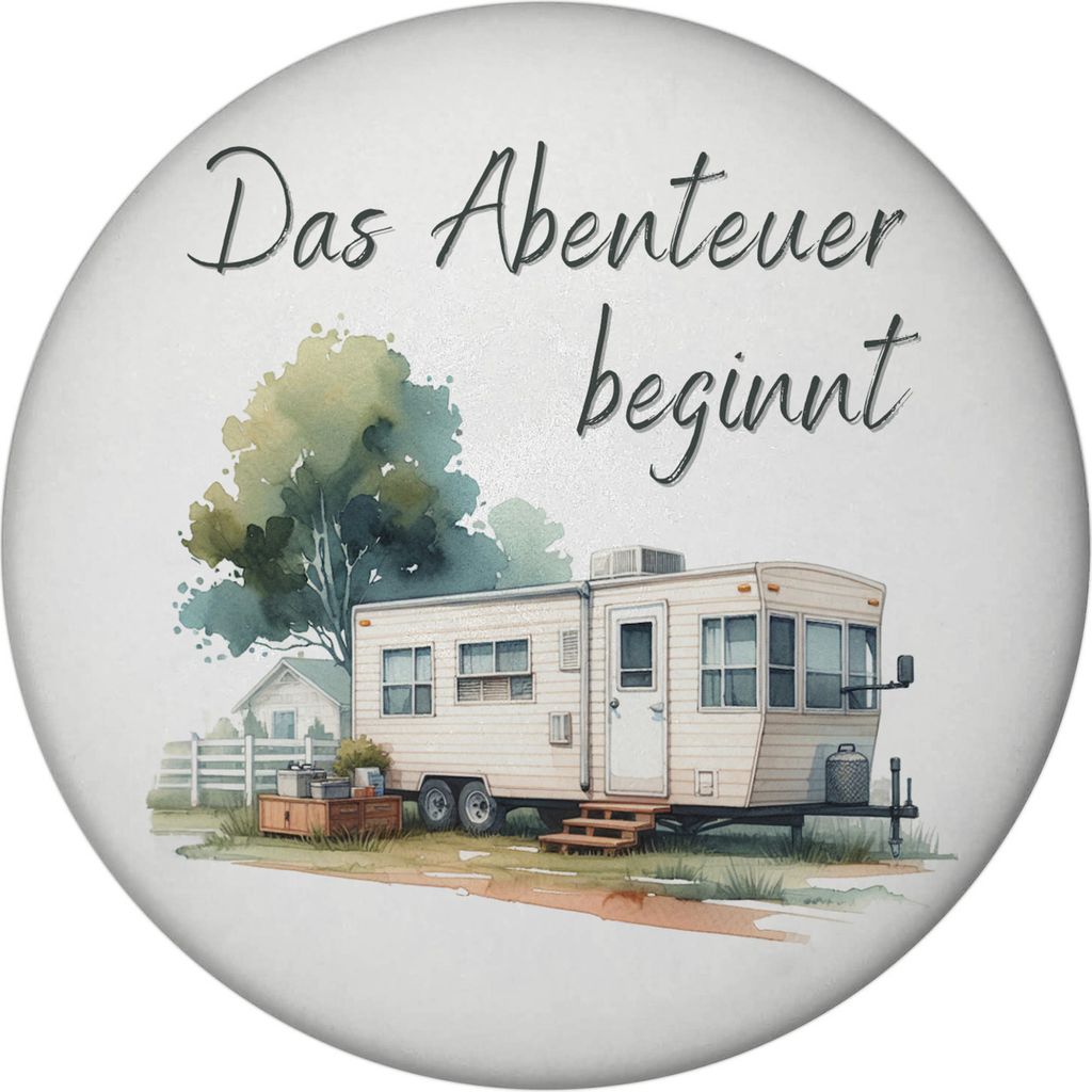 Wohnwagen Magnet mit Flaschenöffner rund mit Spruch Das Abenteuer beginnt