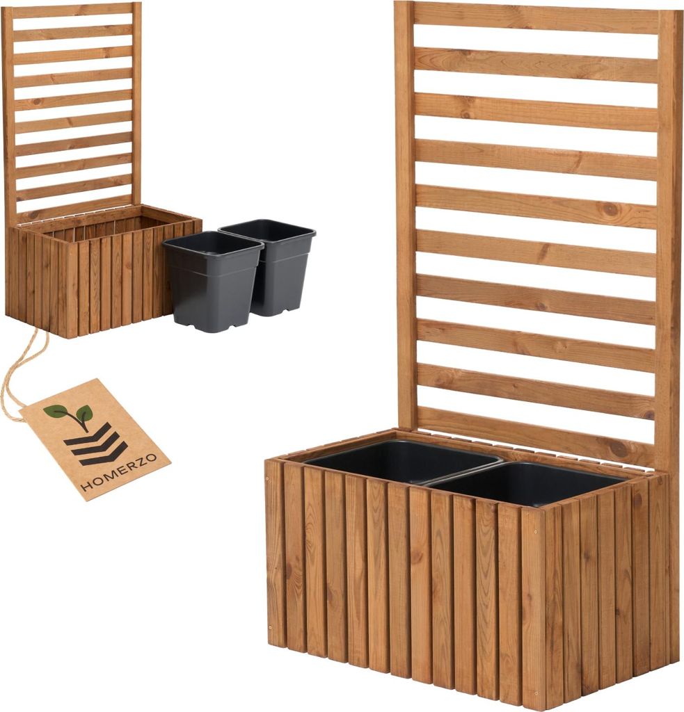 Pflanzkübel mit Rankgitter Spalier mit Pflanzkasten Blumenkasten aus Holz Hochbeet mit 2x18L Pflanzeneinsatz (vertikal-braun, 67x36x35 H112)