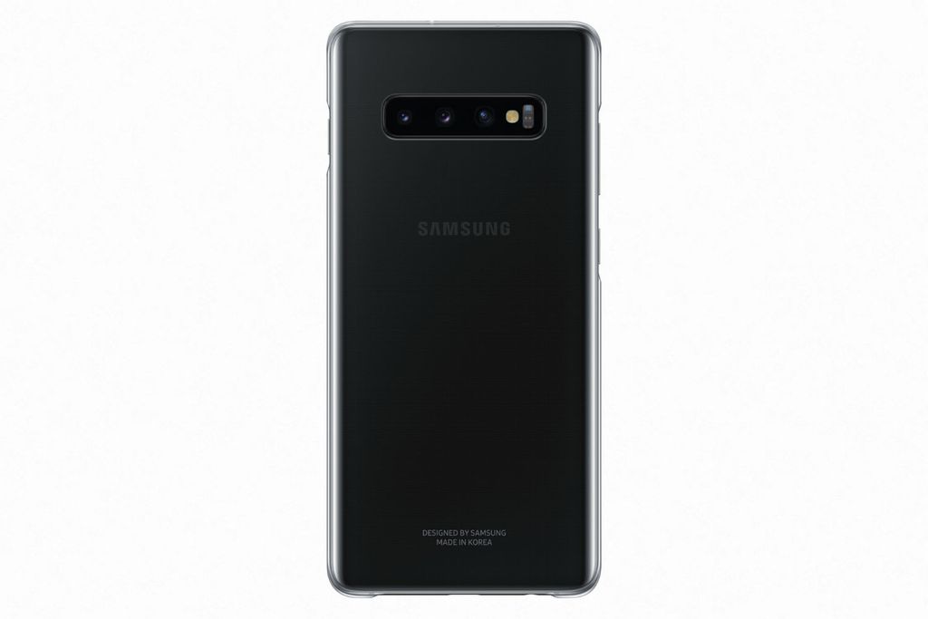 The back of a black Samsung Galaxy S10 Plus phone with a transparent case.