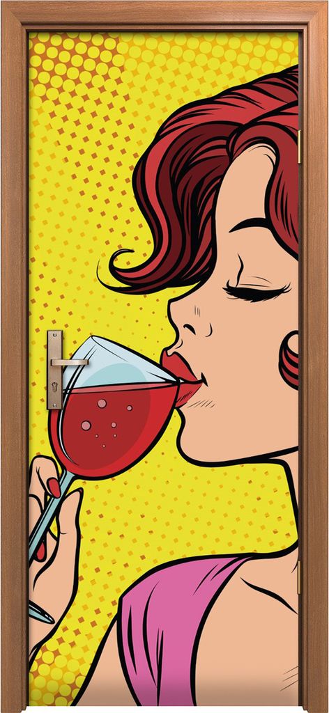 Türposter 80x200 cm Türaufkleber Türtapete Türfolie Klebefolie Pop Kunst Retro Frau mit Wein