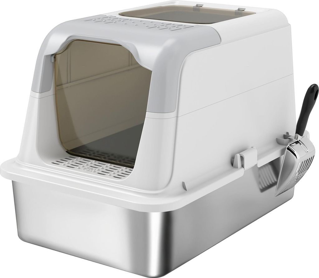 Katzenklo, Katzentoilette mit Deckel, Streuschaufel, vorne Eingang und ober Ausgang Edelstahl bis 7 kg