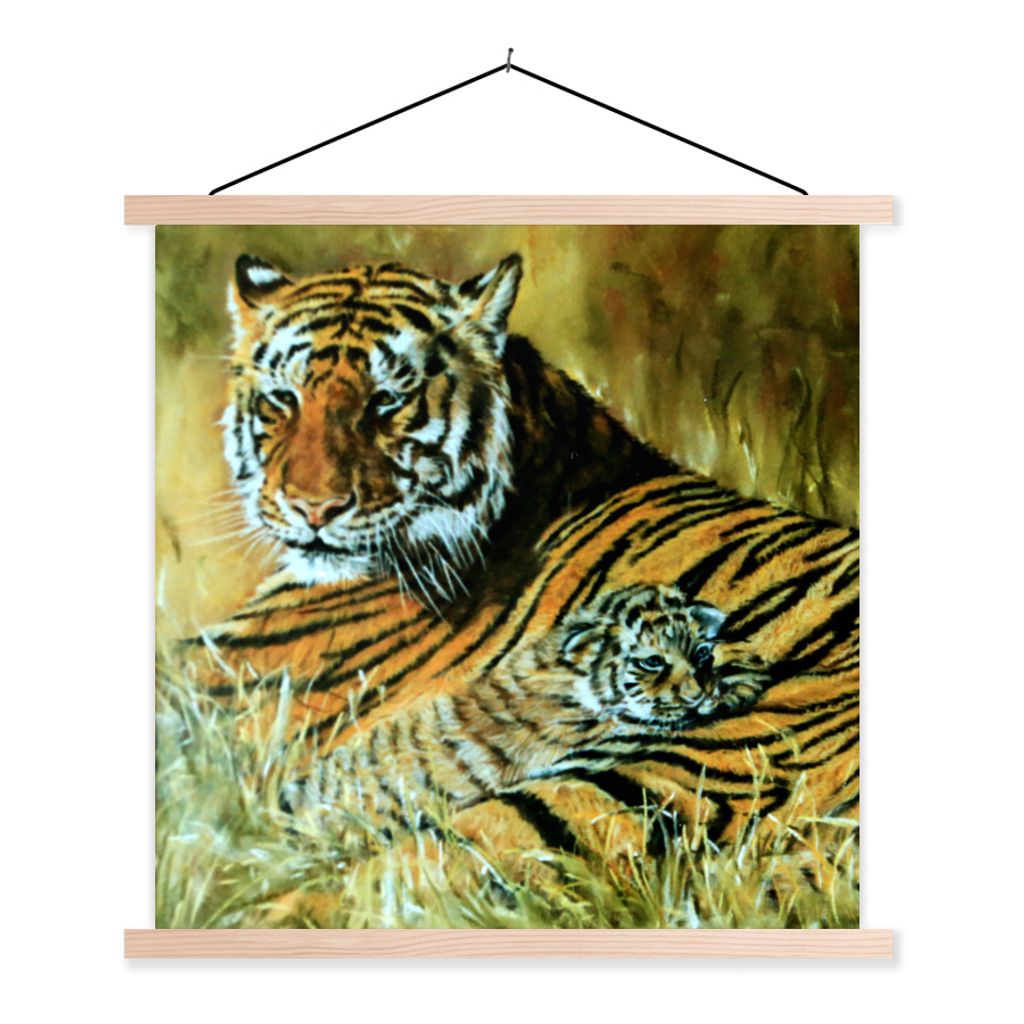 MuchoWow Textilposter Ölgemälde Tiger und ihr Junges 40x40 cm mit holzfarbenen Rahmen - Posterleiste