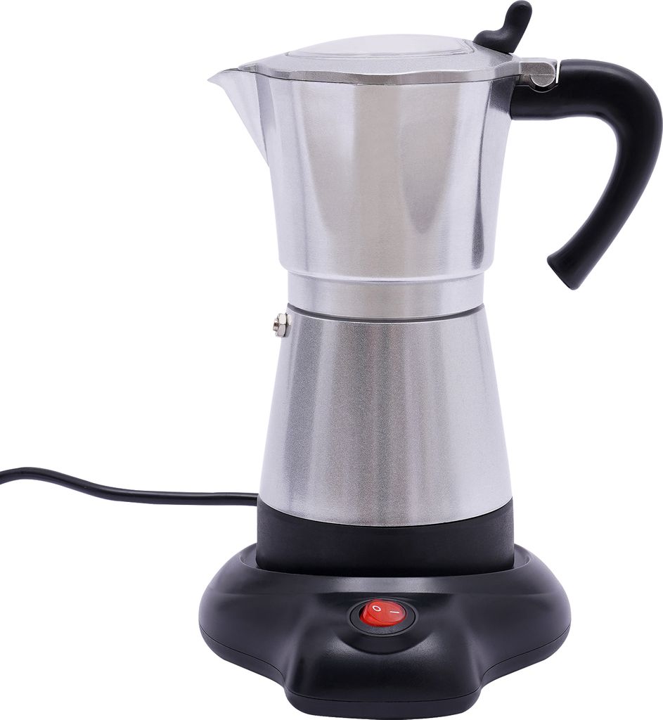 300ml Elektrische Kaffeemaschine mit Basis Espressokocher Mokka Kanne (silber) für 6 Espressotassen