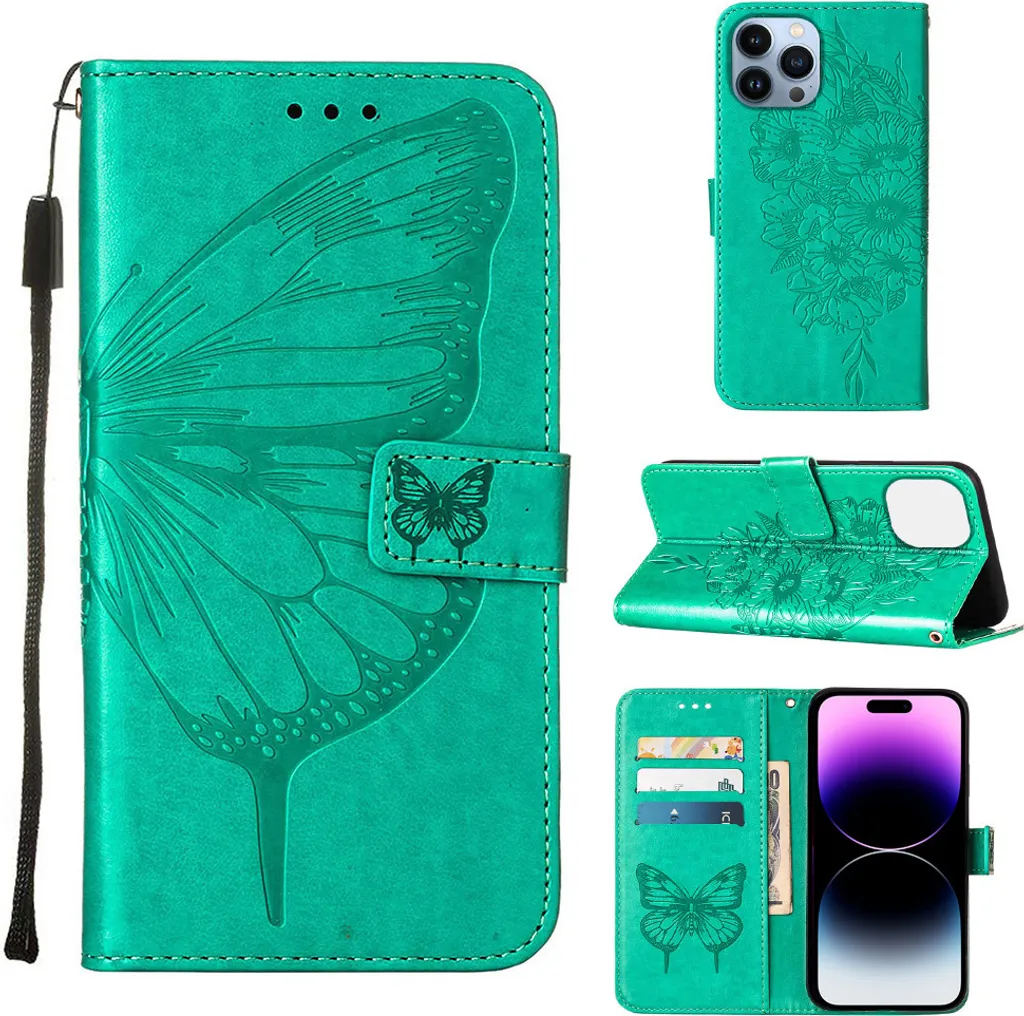 Regalo Ideale: Custodia iPhone 14 Pro Verde Farfalla Relief in Pelle
