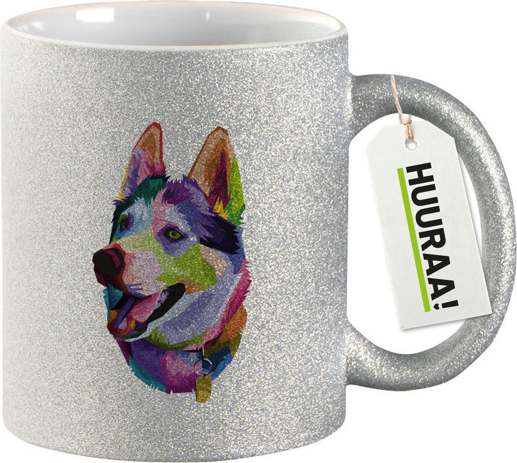 Huuraa Glitzertasse Husky Colorful 330ml Silber Keramik Kaffeebecher Geschenkidee