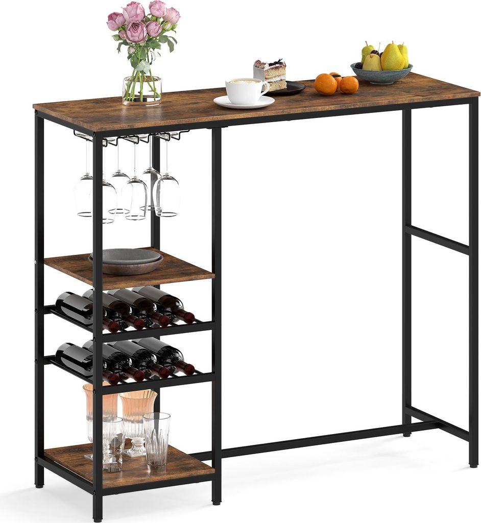 A bar table with wine racks and glass holders, set against a white background.