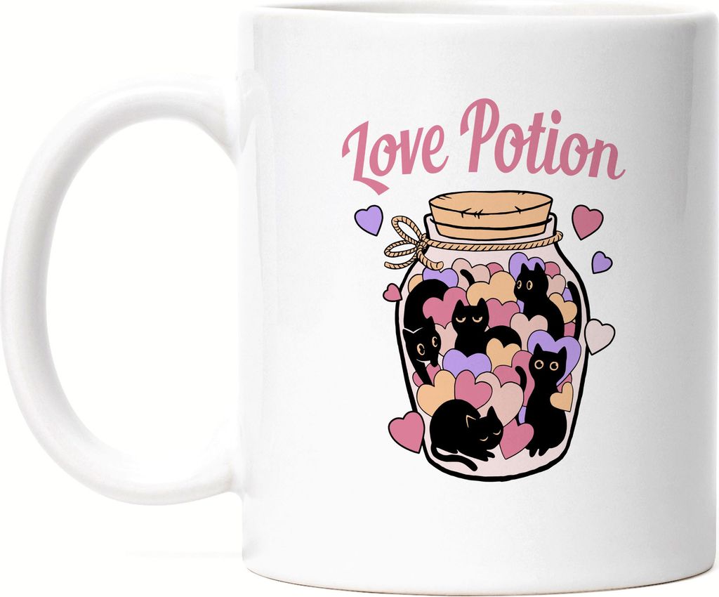 Love Potion Tasse Weiß mit Katzen und Herzen Motiv für Katzenliebhaber Katzenliebe Miau Mieze Büsi