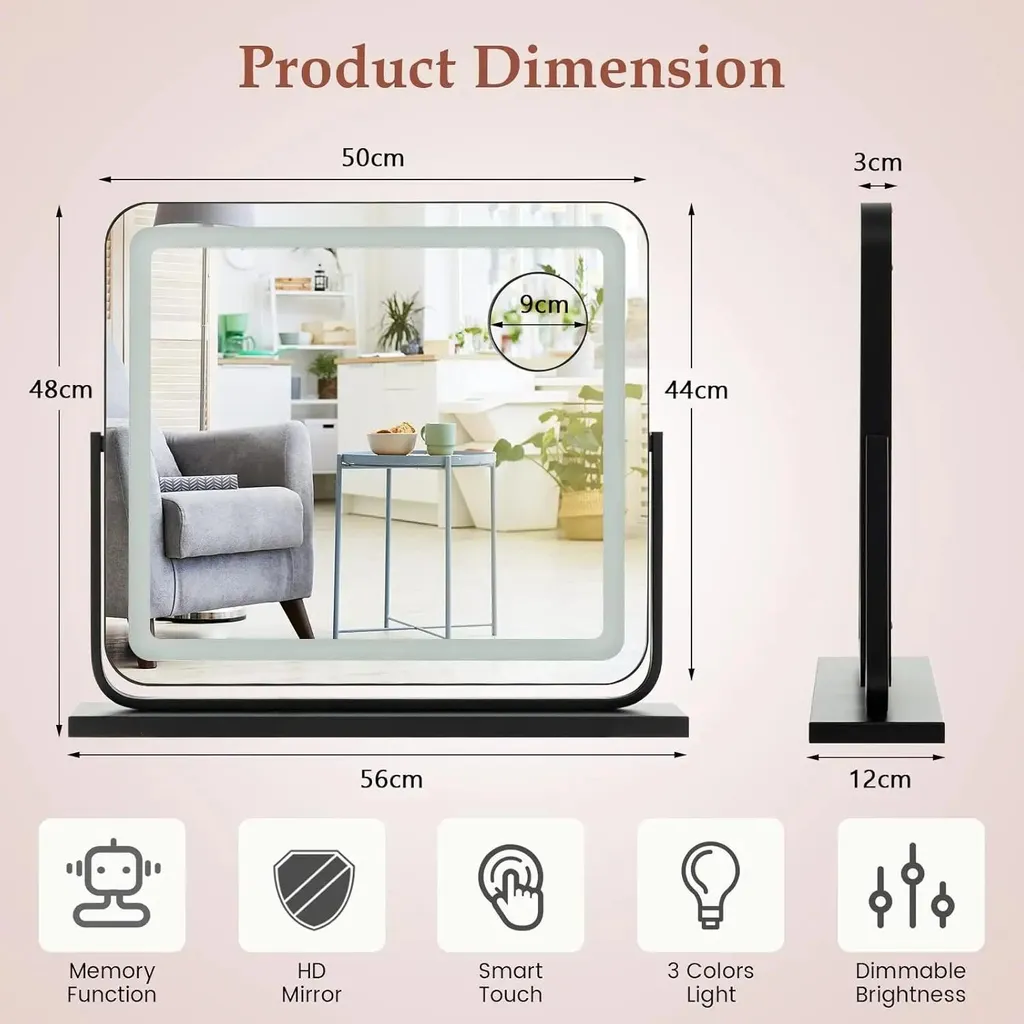 Miroir LED pivotant 360° avec luminosité et température réglables noir - 4