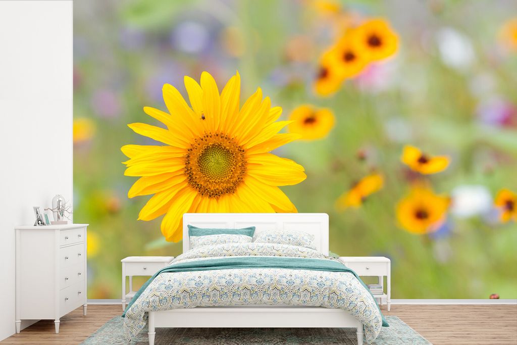 MuchoWow Fototapete für Wohnzimmer oder Schlafzimmer Wandtapete Vinyl Motivtapete Blumen - Sonnenblume - Gelb - 330x220 cm - Fototapeten