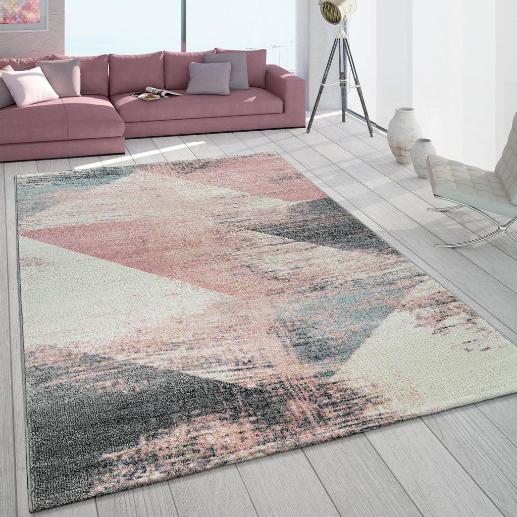 Teppich Wohnzimmer Grau Weiß Rosa Pastell Dreieck Muster Produktbild 
