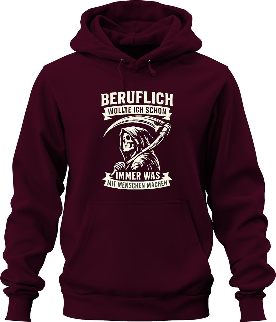 Wollte immer was mit Menschen machen Sensenmann Humor Gothic retr Uni Hoodie Kapuzenpullover, Burgundy, M