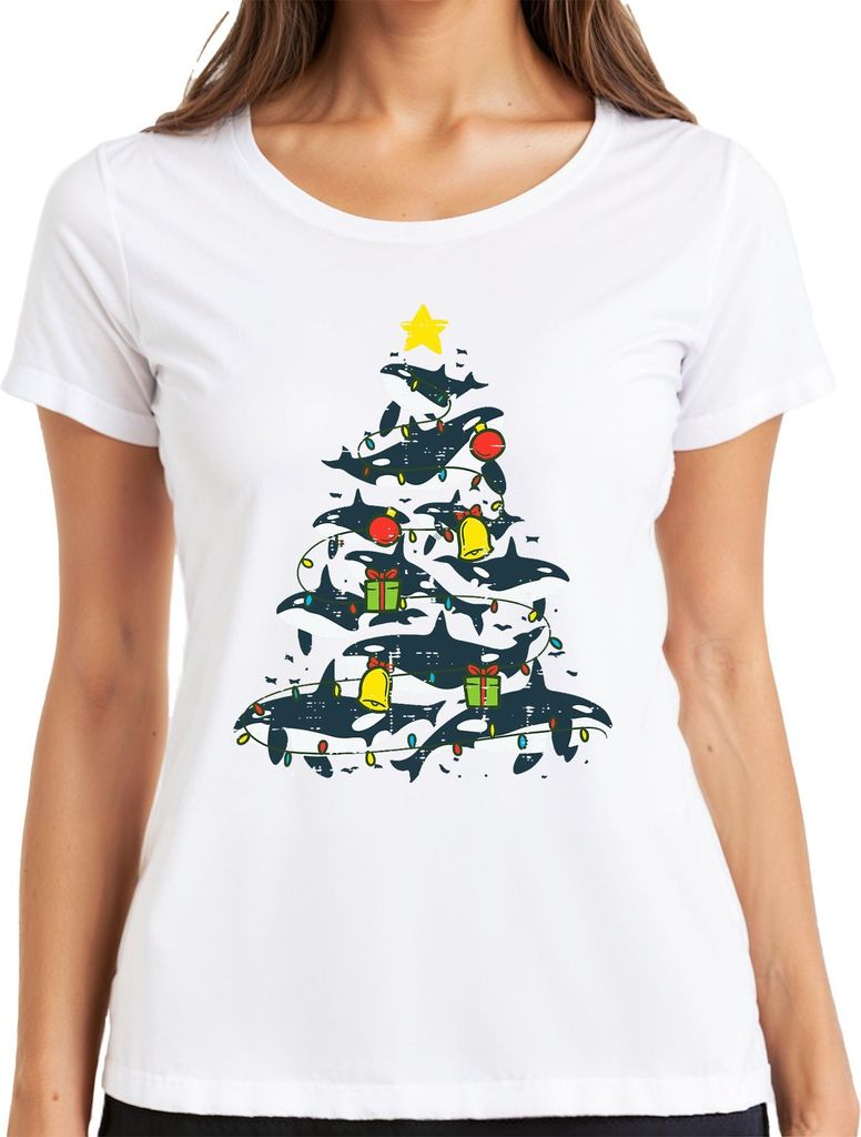 Orca Weihnachtsbaum Killerwal Lichterkette Geschenke Glocken Damen T-Shirt, Weiß, 3XL