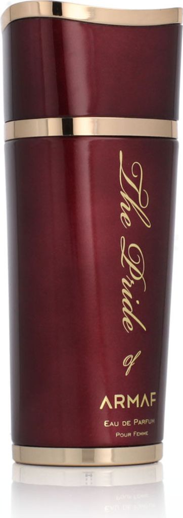 A product shot of a maroon perfume bottle with gold accents.