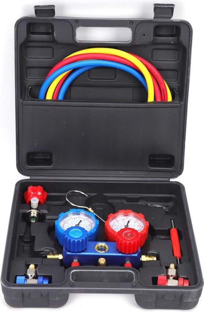Klimaanlagen Manometer-Set - 2-Wege Manifold Füll- und Serviceset - Für R410A/R134A/R536A/R536G/R636G - Mit Druckmanometern - Schwarz