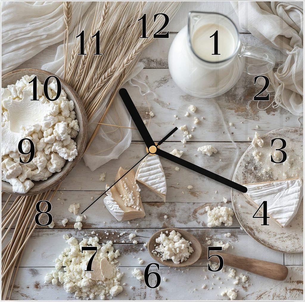 Wanduhr aus Glas mit Motiv Ziegenkäse Schale- 30 x 30 cm - inkl. Aufhängesystem