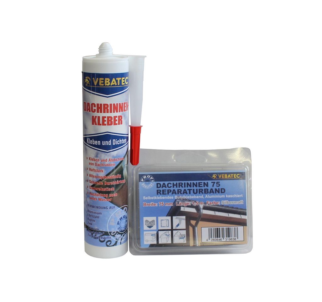 Vebatec Dachrinnen Reparaturset: Dichtungsmasse + Butyl-Reparaturband Fb. Silber