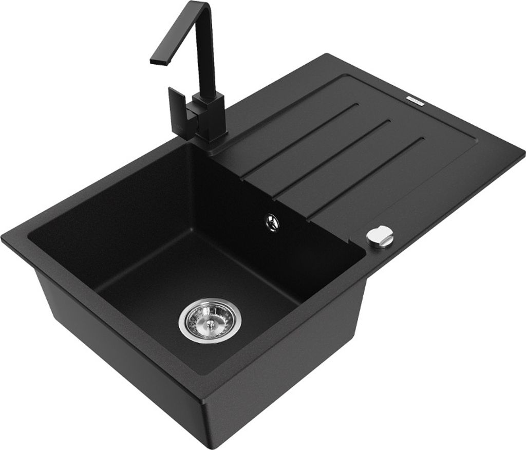 Mexen Bruno 1 Becken-Granitspüle mit Abtropffläche und Mischbatterie Rita, Schwarz - 6513-77-670300-70