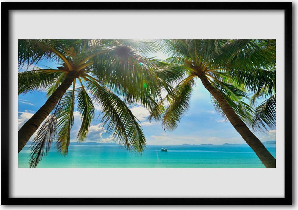 Bild 100x70 MDF-Rahmen Wandkunst Palme, Meer, Landschaft