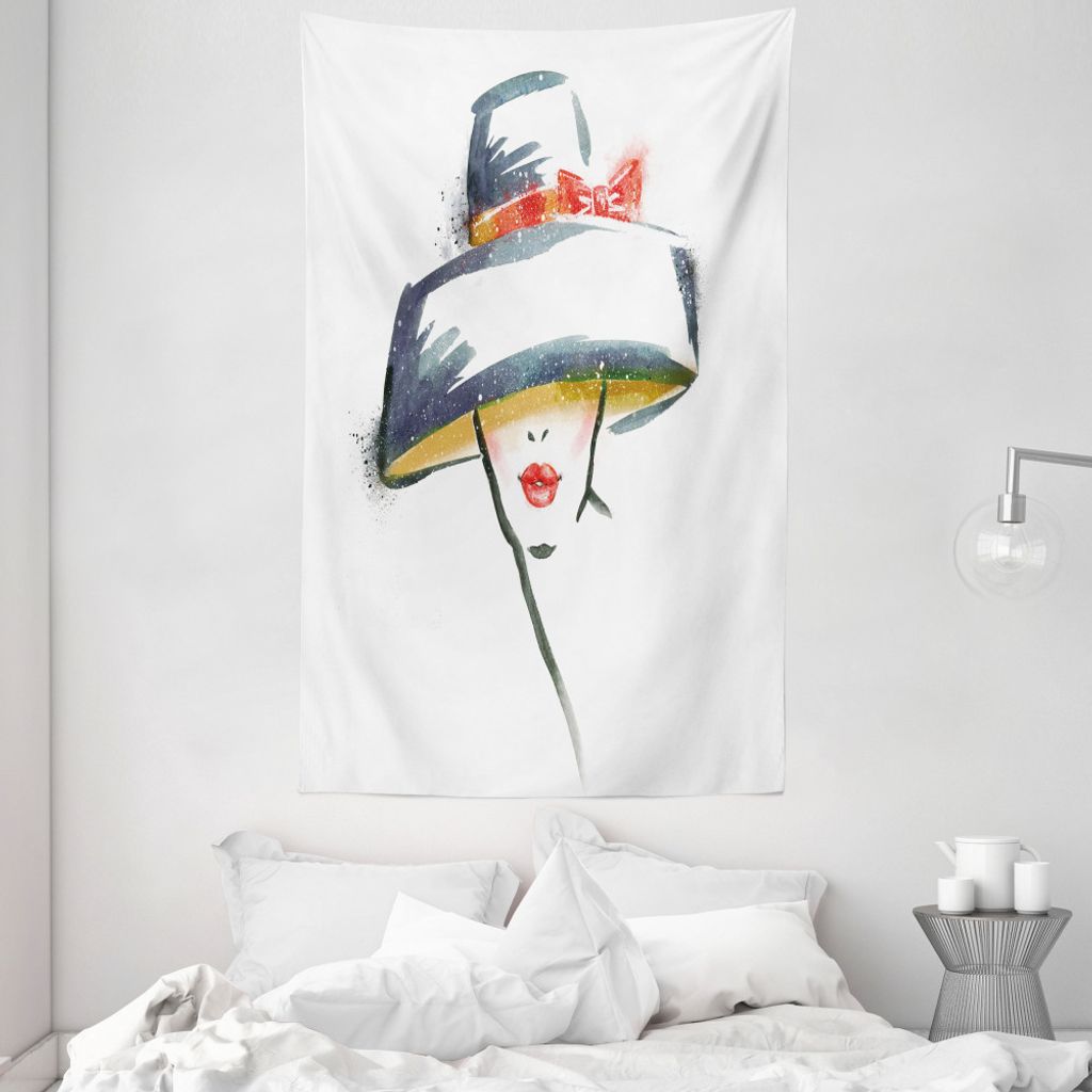 ABAKUHAUS Modern Wandteppich und Tagesdecke, Fashion Frau mit einem Hut aus Weiches Mikrofaser Stoff Waschbar ohne Verblassen Digitaldruck, 140 x 2...