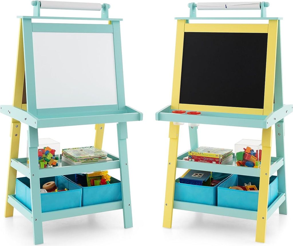 doppelseitige Kinder Staffelei aus Holz, Kinderstaffelei mit Ablage, Kindertafel mit Papierrolle Whiteboard und Kreidetafel, inkl. 2 Stoffboxen (Bl...