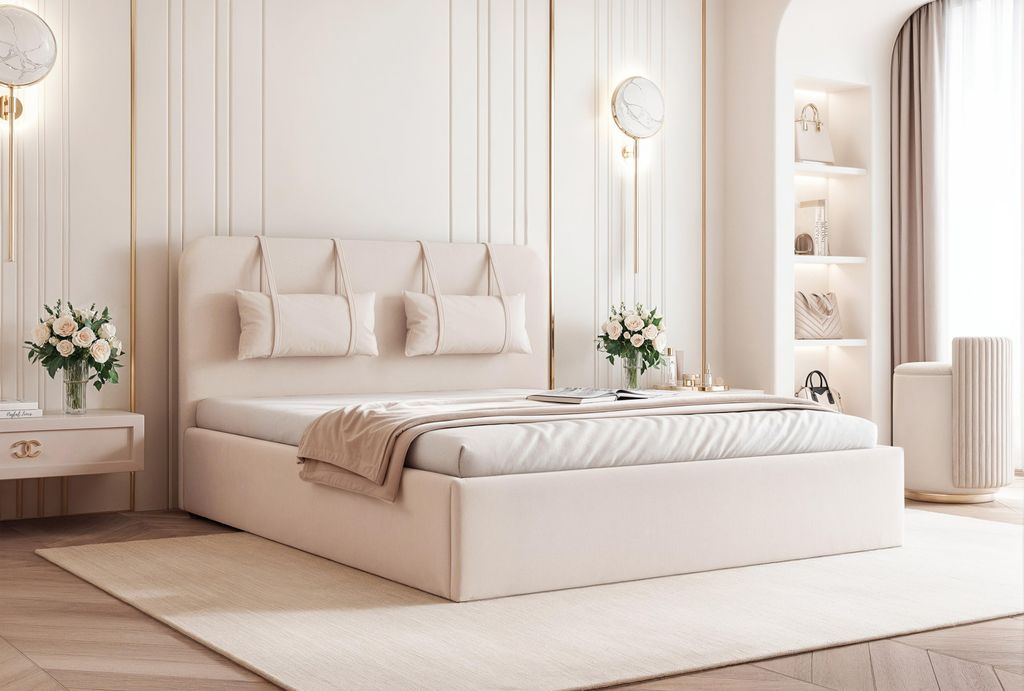 BESILIO Bett mit Stauraum aus Holzplatte 180x200 Monti – schlankes Bett mit abnehmbaren Zierkissen, Lattenrost und Bettkasten – Cremefarben