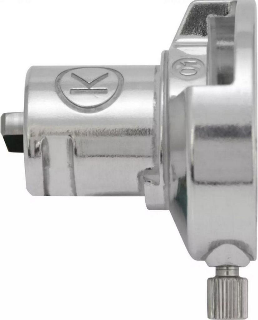 Close-up side view of a metal adapter for a kitchen machine.