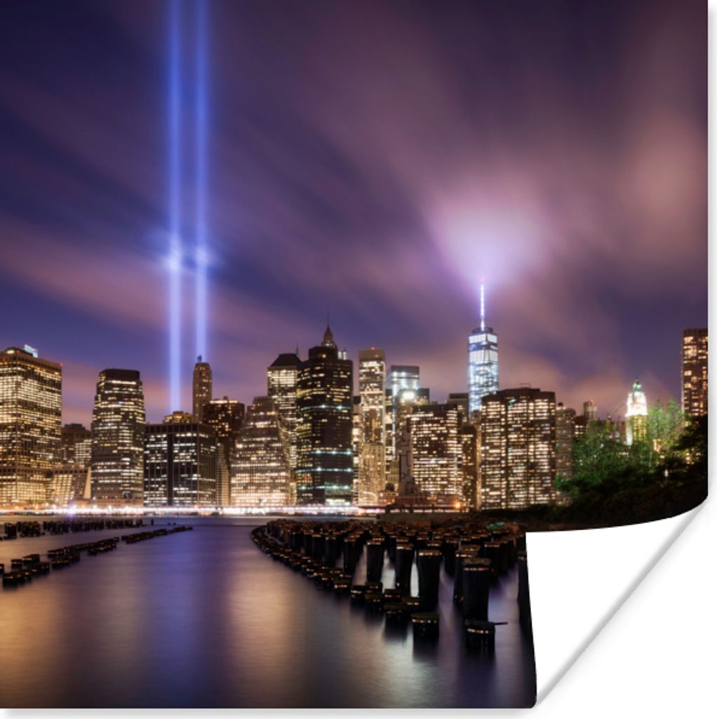 MuchoWow Poster New York - Nacht - Stadt - Wasser 75x75 cm - Wand Dekoration