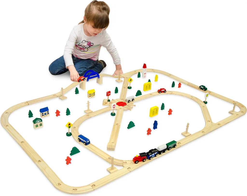 Circuit de train en bois naturel 96 éléments pour filles et garçons