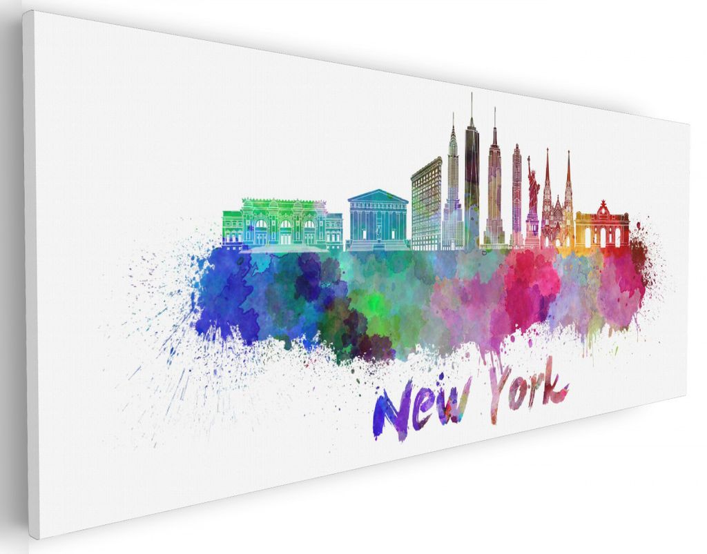 Wallario Premium Leinwandbild Städte als Aquarell - Skyline von New York in Größe 30 x 75 cm