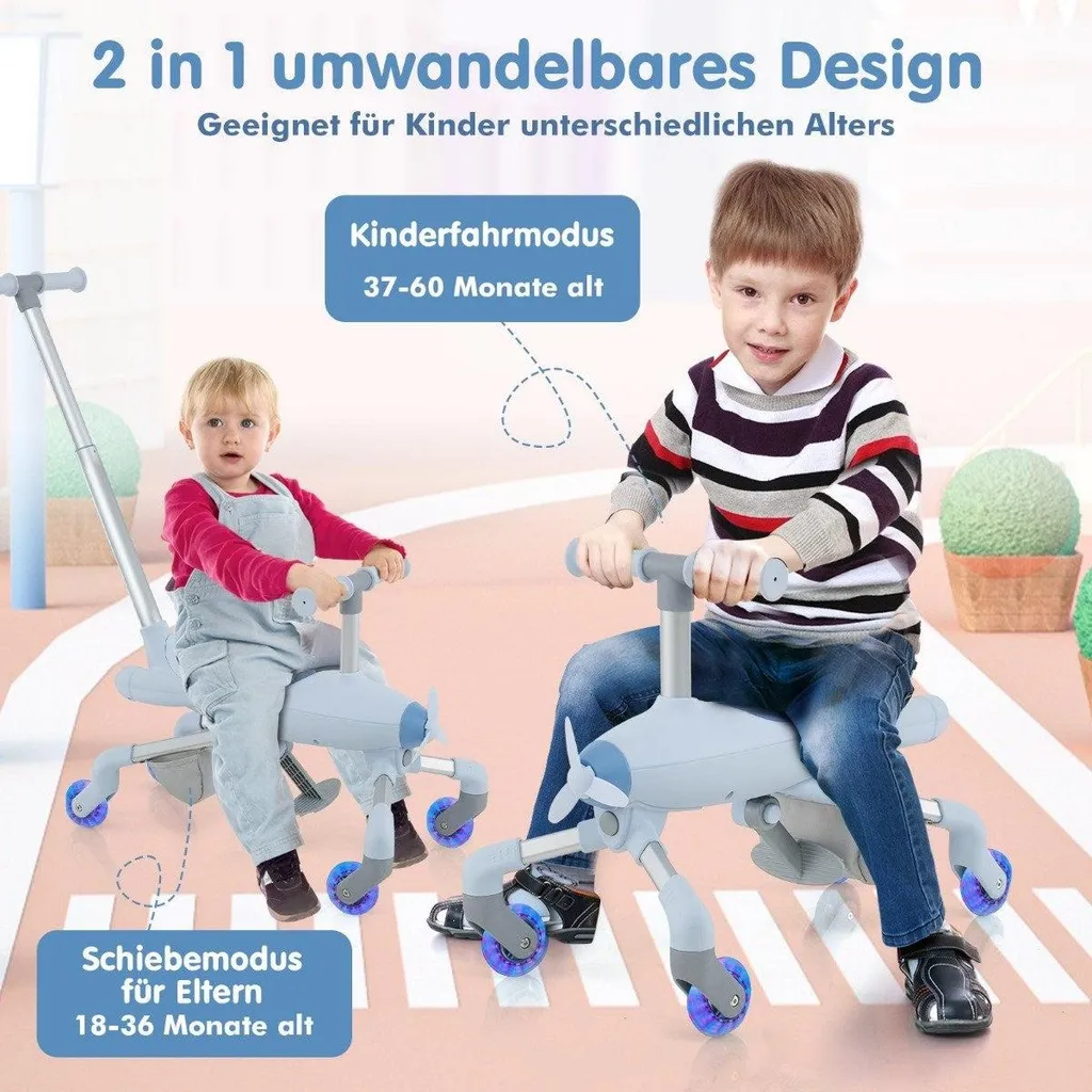 Porteur enfant en forme d'avion bleu, voiture à pousser évolutive LED