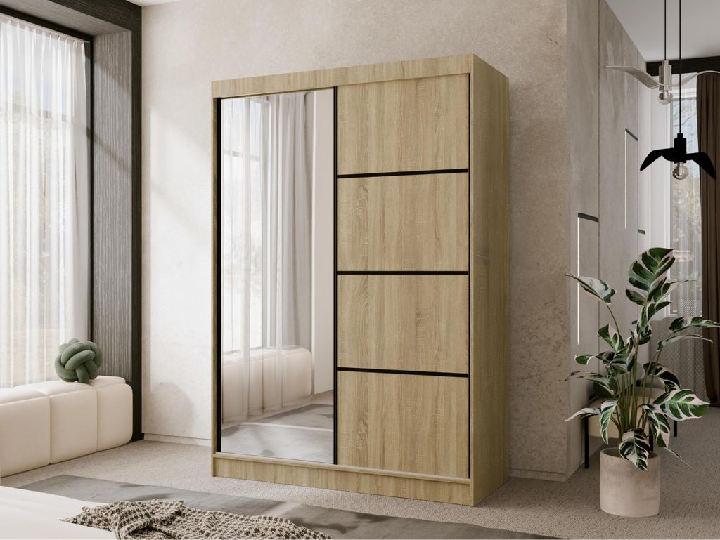150 cm Schwebetürenschrank mit Spiegel und Sprossen Mabel, Kleiderschrank in Eiche Sonoma mit Spiegel, Kleiderschrank mit dekorativen Fronten für...