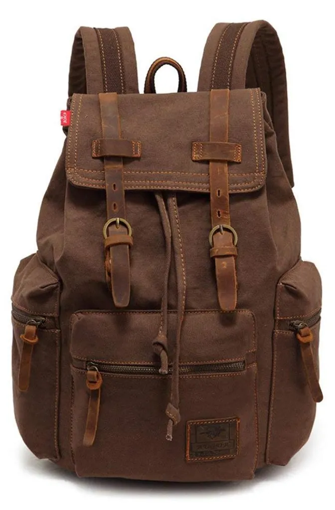 Sac à dos vintage en toile et cuir café pour ordinateur portable 17"