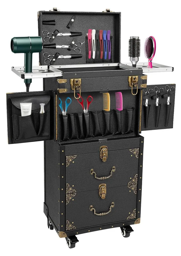 Desserte de salon de coiffure mobile noire avec support sèche-cheveux